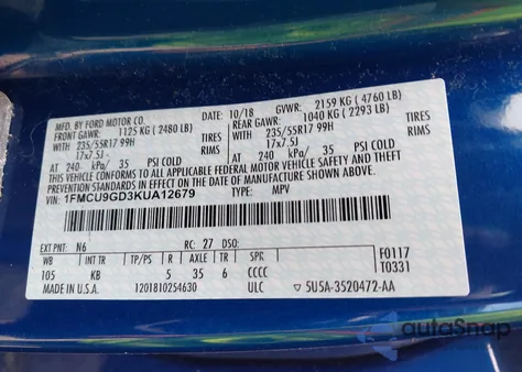 2019 Ford Escape Se из США, поврежденный, VIN 1FMCU9GD3KUA12679